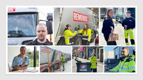 Eine Collage mit sieben verschiedenen Bildern von Remondis Mitarbeitern in verschiedenen Situationen. Ein Mann steht vor einen Remondis LKW, zwei weibliche Mitarbeiterinnen geben sich ein high five vor einem Remondis LKW, ein Mitarbeiter wartet auf eine Mitarbeiterin die gerade mit einer Bötchentüte ankommt, eine Mitarbeiterin sitzt mit Kaffee im Bür und lächelt in die Kamera, ein Mitarbeiter befestigt Container auf einem Fahrzeug, eine Mitarbeiterin zieht eine Mülltonne hinter sich her in einer Innenstadt unf ein Mitarbeiter schaut in die Ferne.